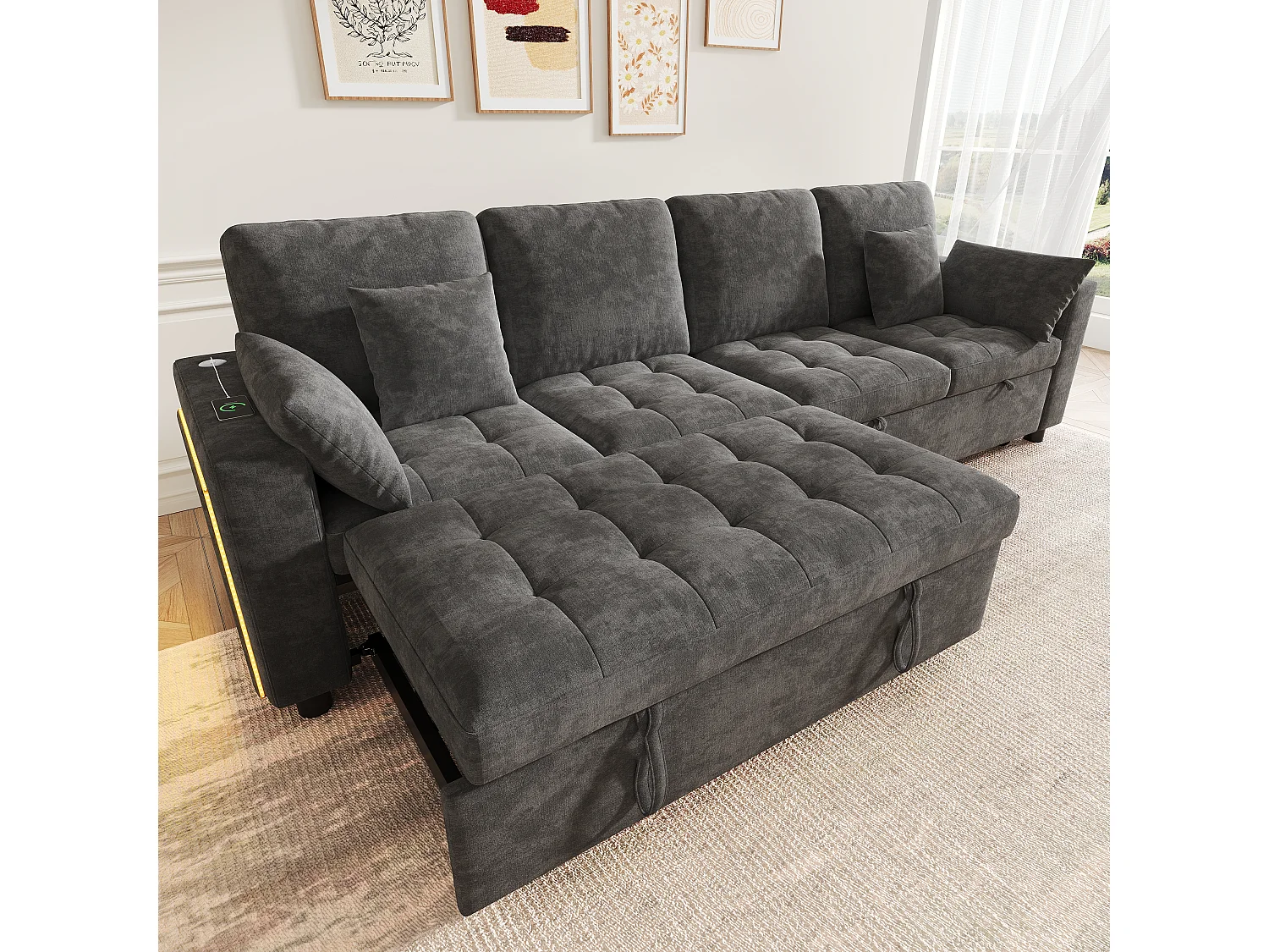 Canapé d'angle convertible en L – 4 places – Avec éclairage LED + ports USB/Type-C – Inclut 2 coussins de dossier + 2 coussins lombaires – Gris