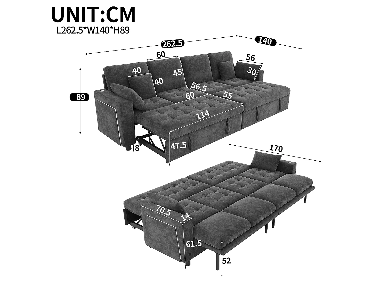 Canapé d'angle convertible en L – 4 places – Avec éclairage LED + ports USB/Type-C – Inclut 2 coussins de dossier + 2 coussins lombaires – Gris