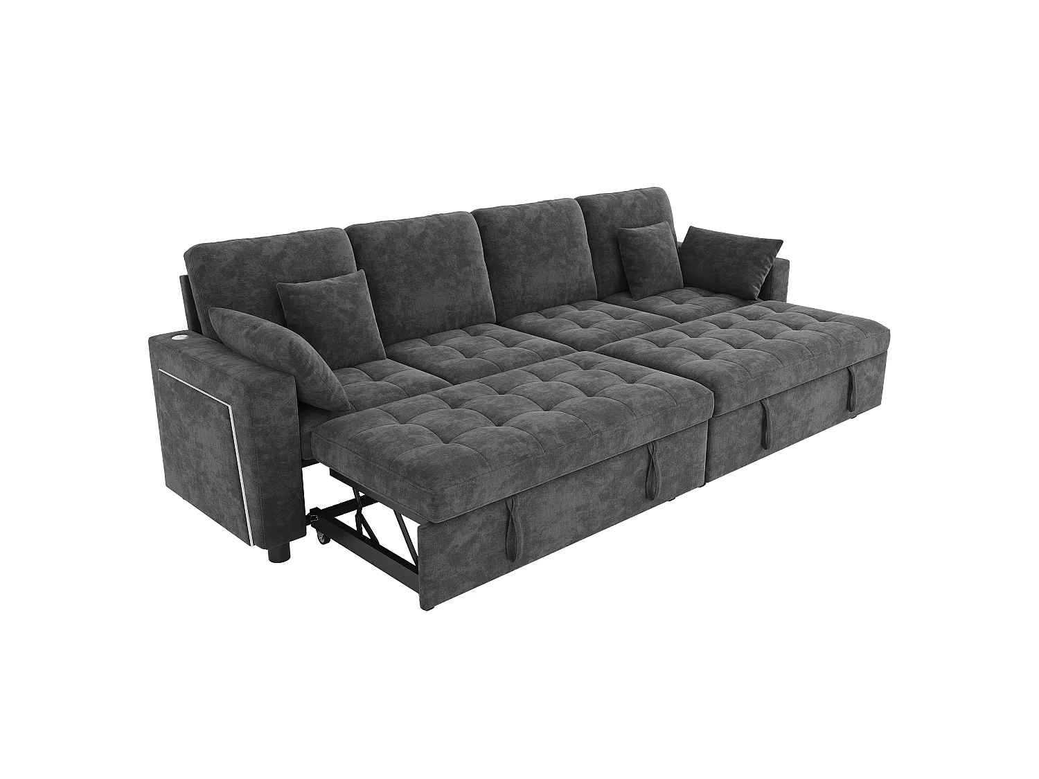 Canapé d'angle convertible en L – 4 places – Avec éclairage LED + ports USB/Type-C – Inclut 2 coussins de dossier + 2 coussins lombaires – Gris