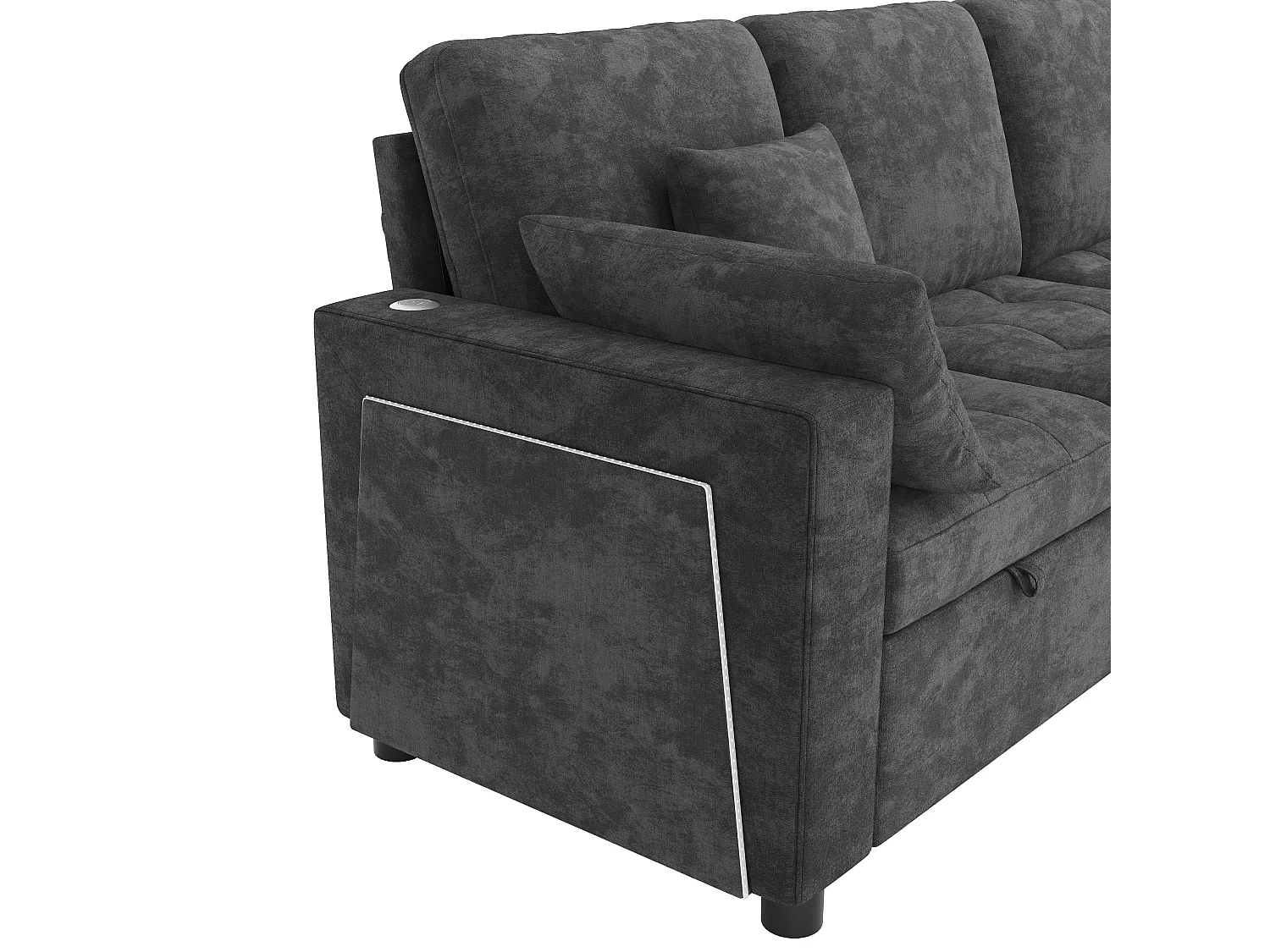 Canapé d'angle convertible en L – 4 places – Avec éclairage LED + ports USB/Type-C – Inclut 2 coussins de dossier + 2 coussins lombaires – Gris