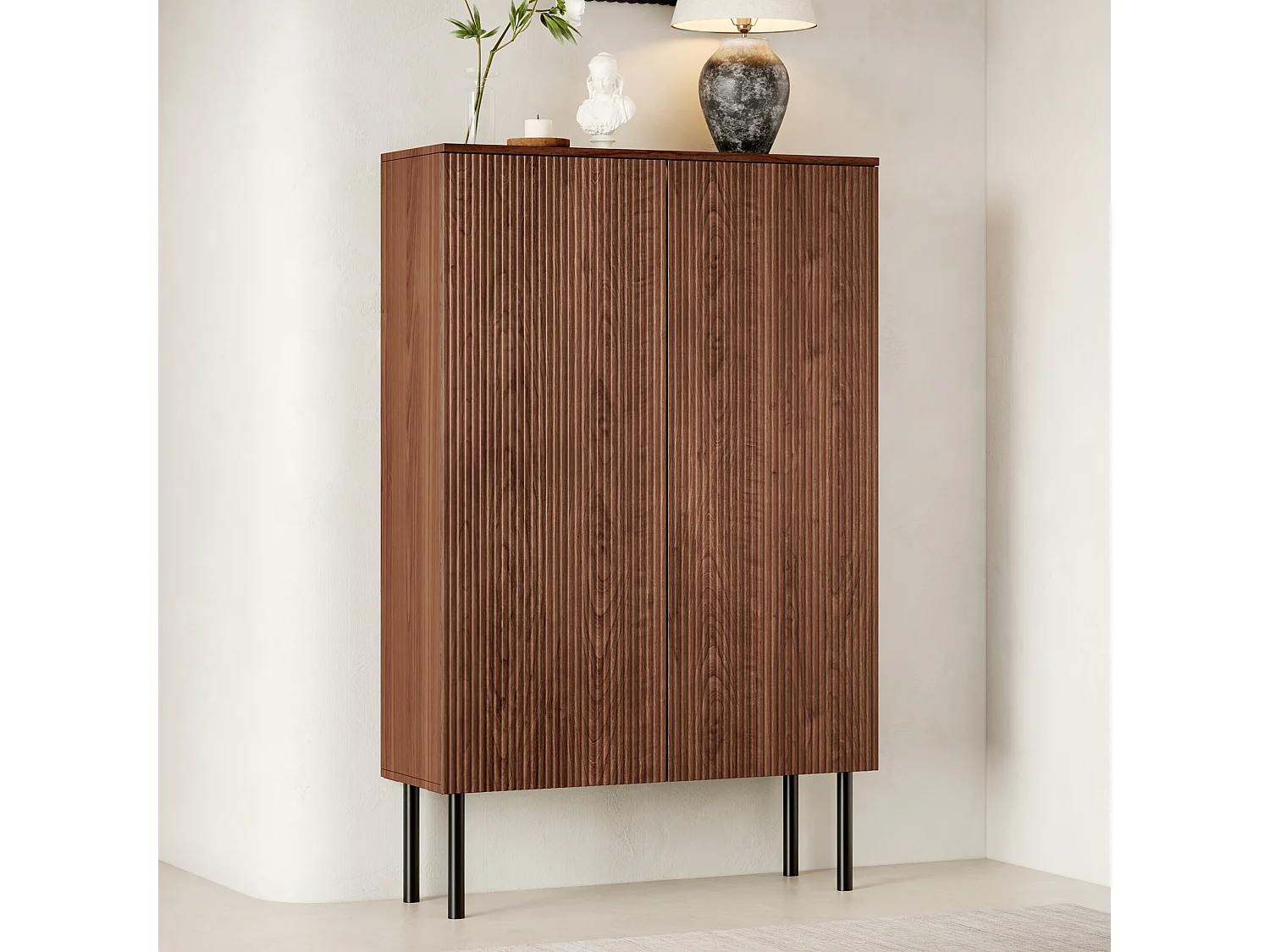 Display case 80x35x145 cm - LED lighting and mirror back - Glass shelves and grooved panels - Brown