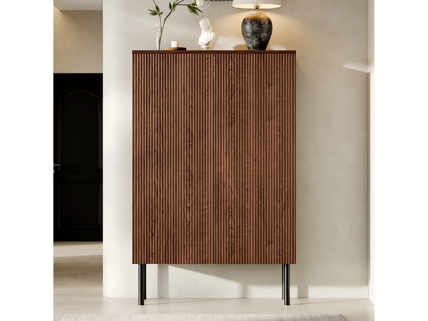 Display case 80x35x145 cm - LED lighting and mirror back - Glass shelves and grooved panels - Brown