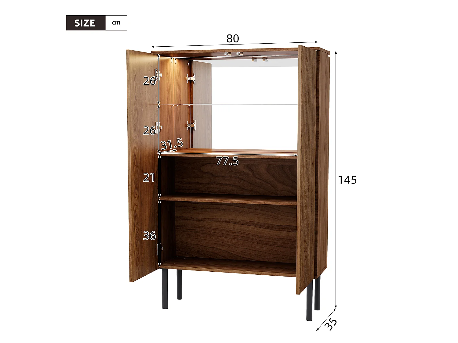 Display case 80x35x145 cm - LED lighting and mirror back - Glass shelves and grooved panels - Brown