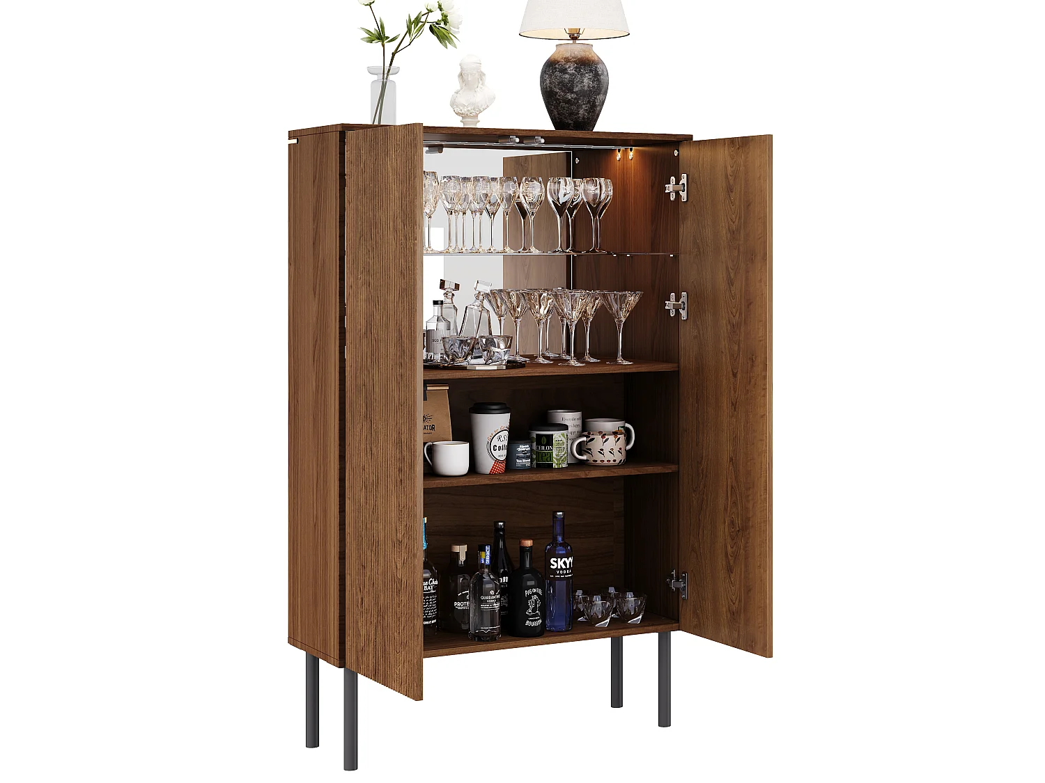 Display case 80x35x145 cm - LED lighting and mirror back - Glass shelves and grooved panels - Brown