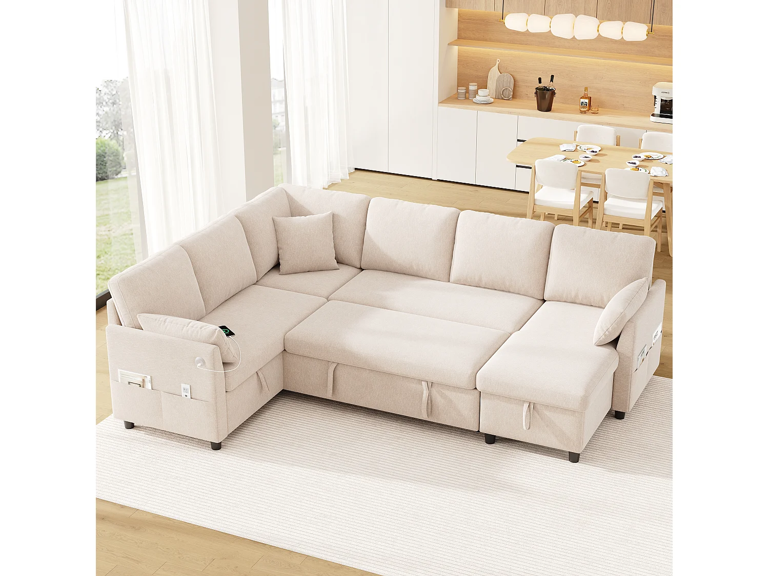 Canapé d'angle en L ou en U – 6 places – avec coffre de rangement – ​​avec ports USB/Type-C – avec 3 coussins – beige