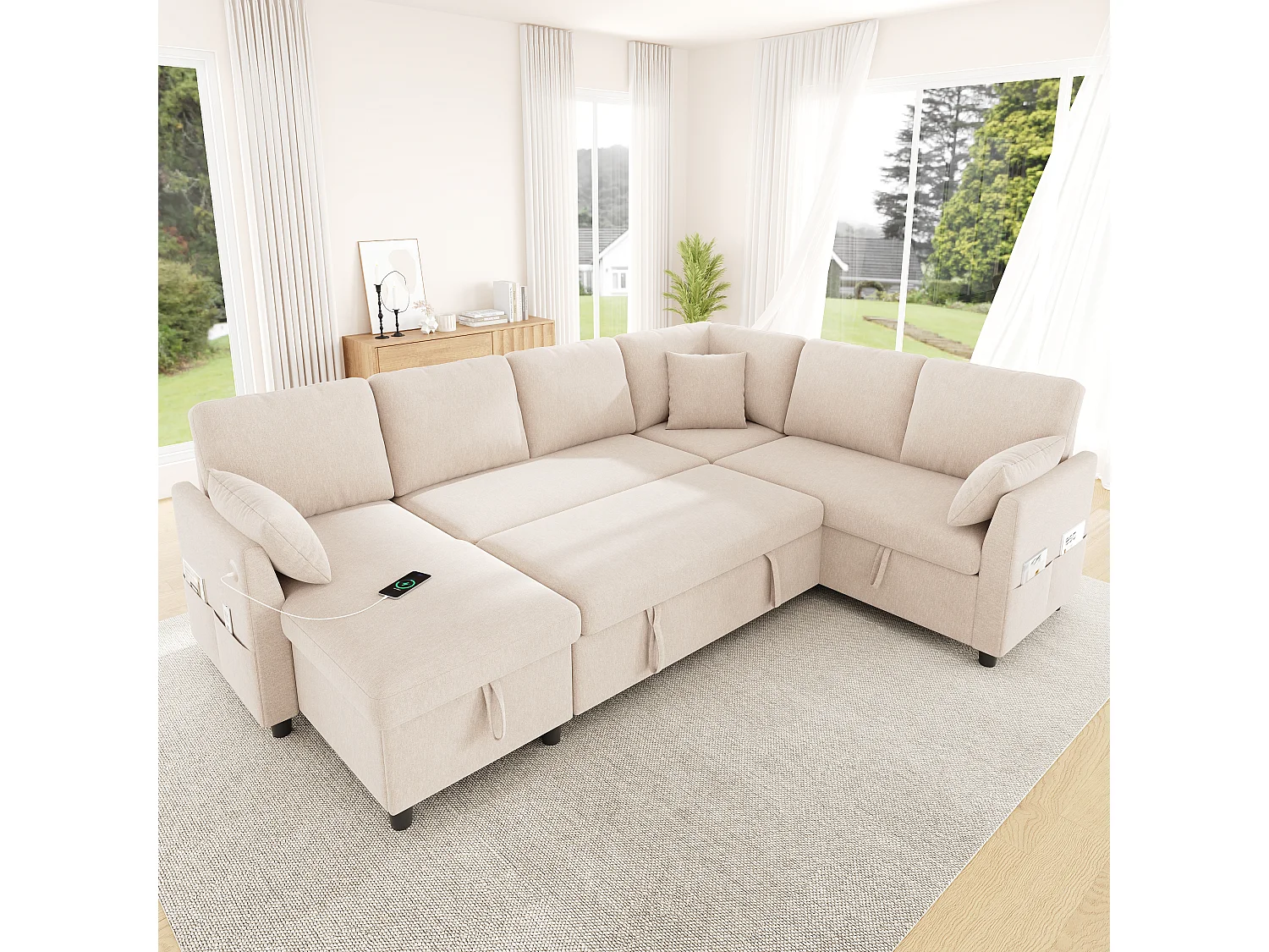 Canapé d'angle en L ou en U – 6 places – avec coffre de rangement – ​​avec ports USB/Type-C – avec 3 coussins – beige