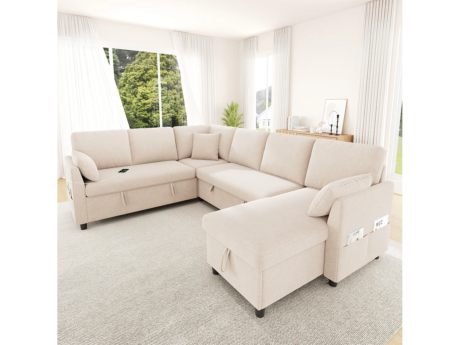 Canapé d'angle en L ou en U – 6 places – avec coffre de rangement – ​​avec ports USB/Type-C – avec 3 coussins – beige