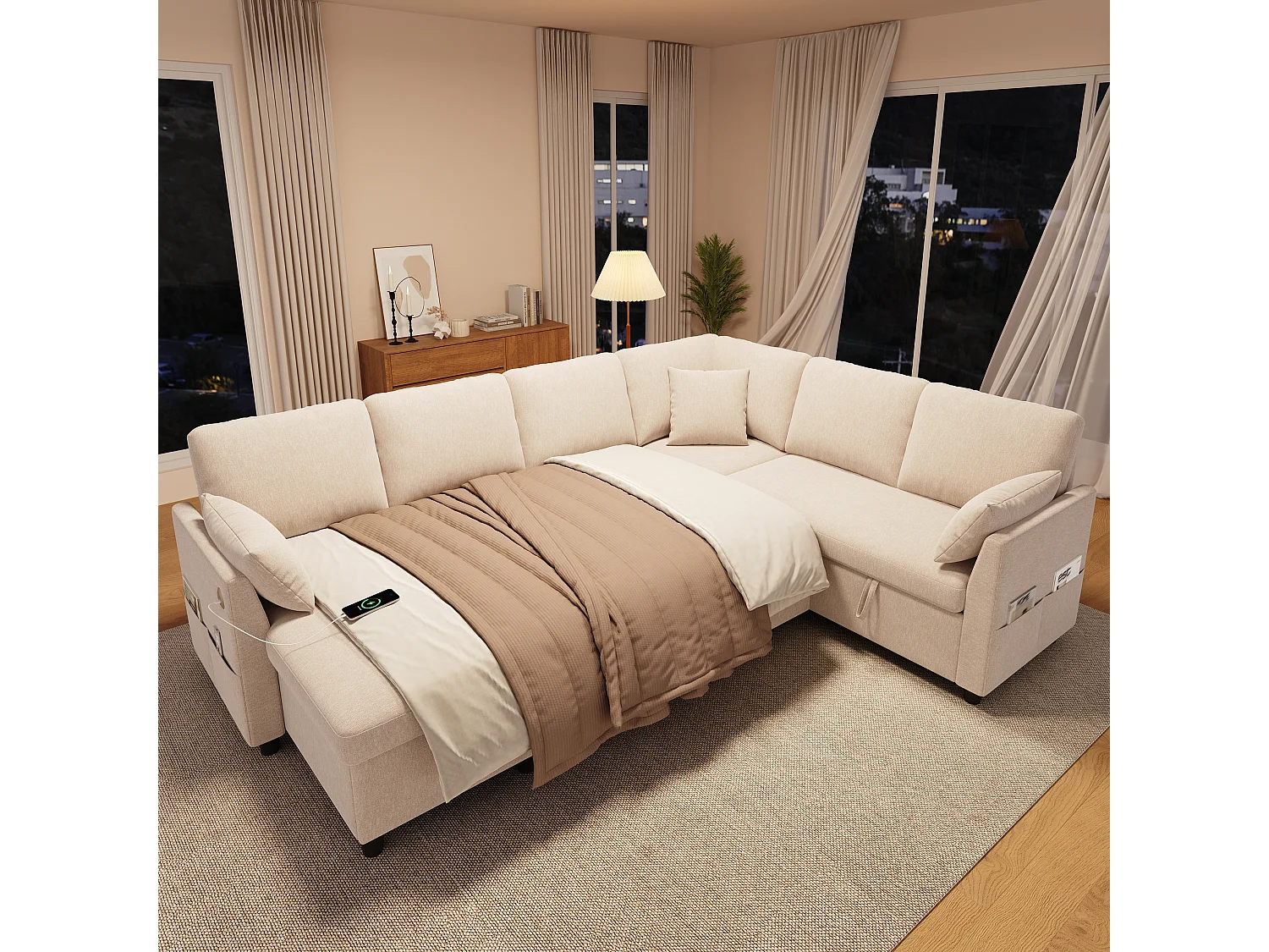 Canapé d'angle en L ou en U – 6 places – avec coffre de rangement – ​​avec ports USB/Type-C – avec 3 coussins – beige