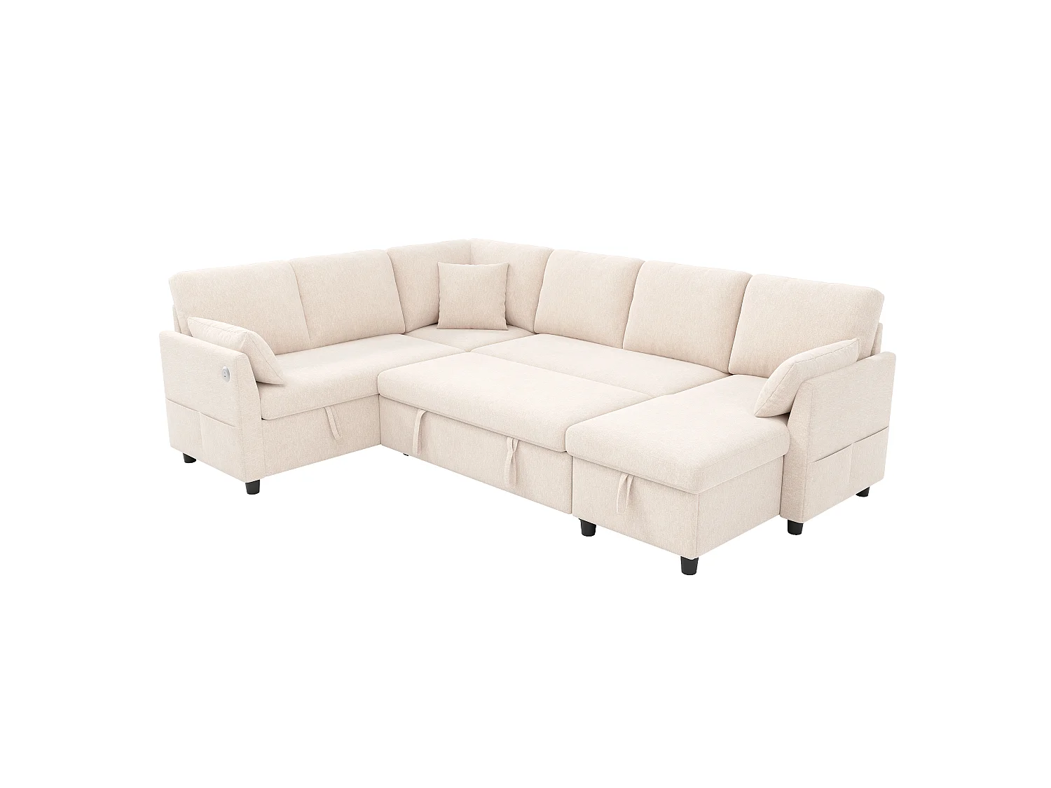 Canapé d'angle en L ou en U – 6 places – avec coffre de rangement – ​​avec ports USB/Type-C – avec 3 coussins – beige