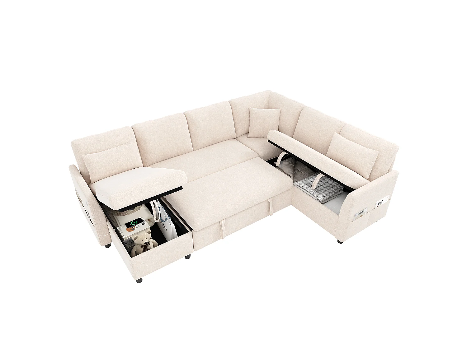 Canapé d'angle en L ou en U – 6 places – avec coffre de rangement – ​​avec ports USB/Type-C – avec 3 coussins – beige
