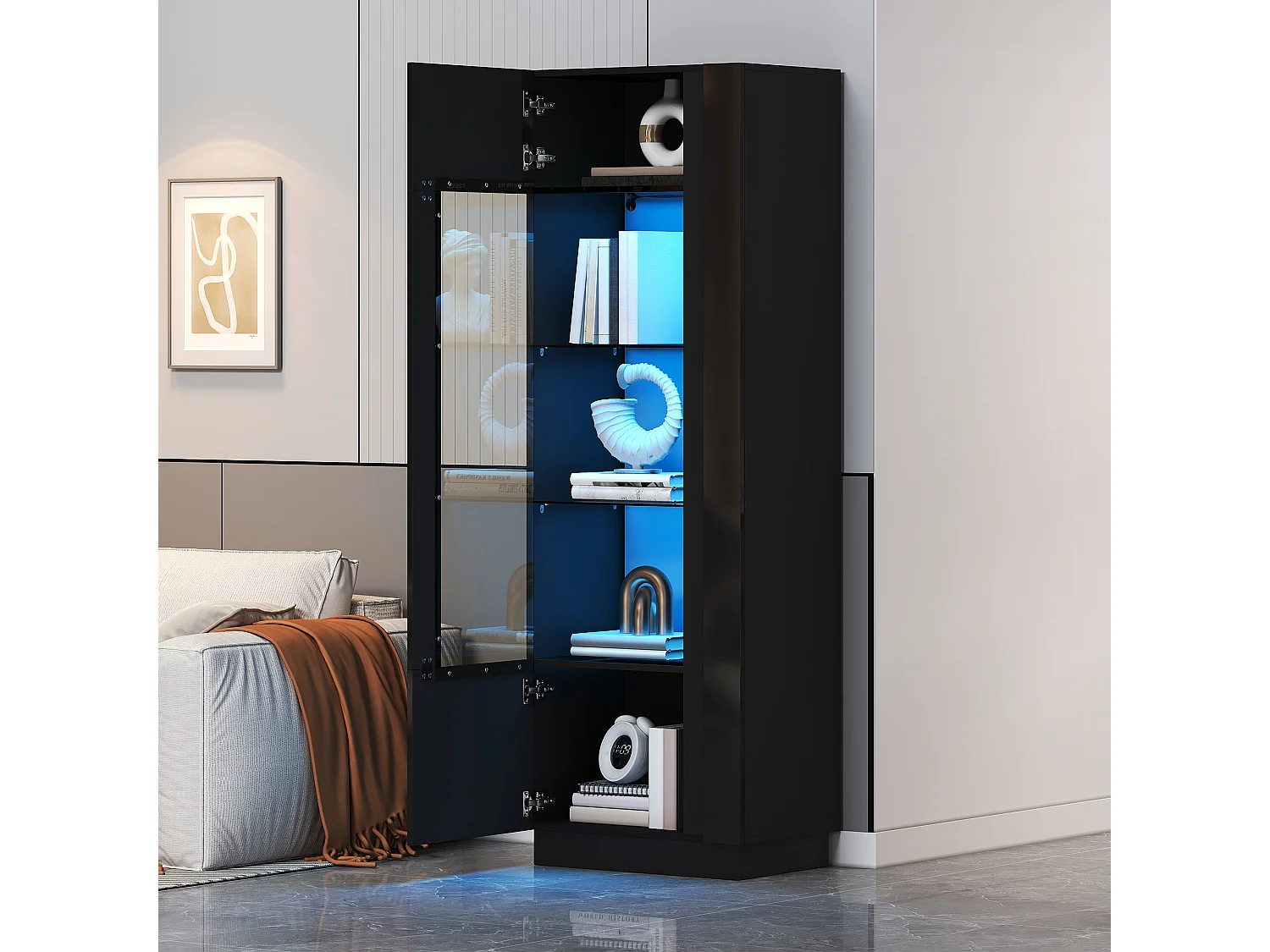 Vitrine em acrílico 60x40x180 cm - Com iluminação LED - Porta em acrílico e 3 prateleiras em vidro - Acabamento brilhante - Preto
