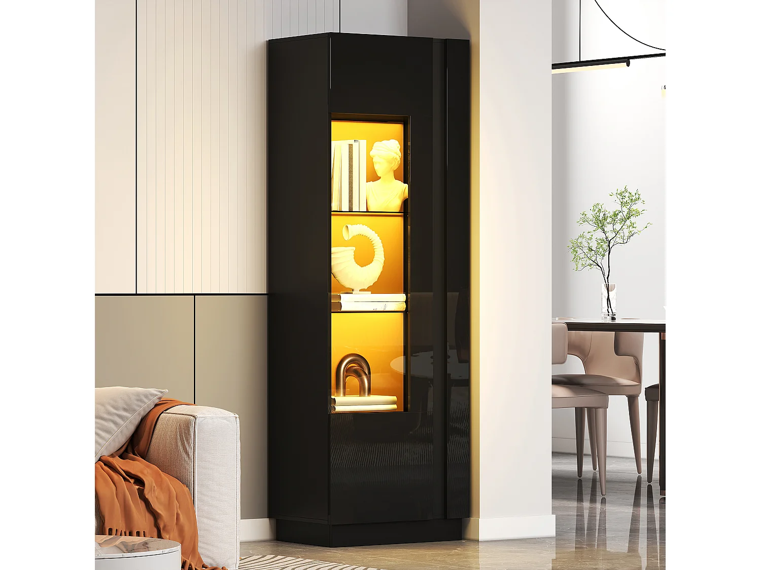 Vitrine em acrílico 60x40x180 cm - Com iluminação LED - Porta em acrílico e 3 prateleiras em vidro - Acabamento brilhante - Preto