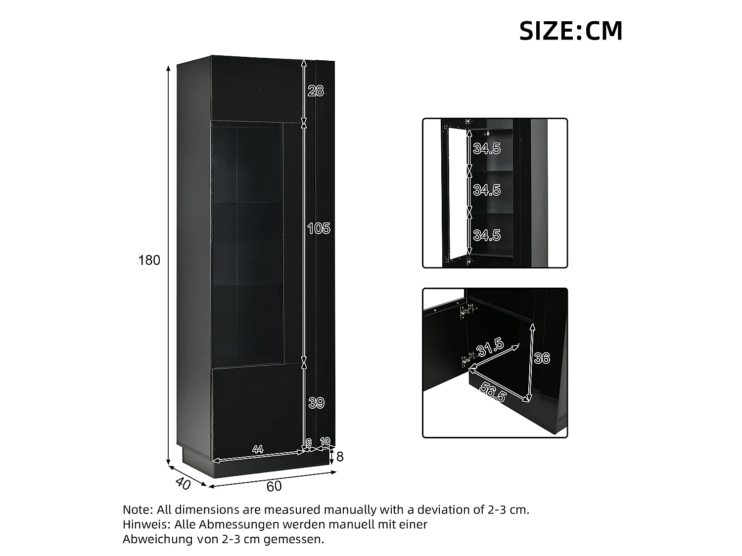 Vitrine em acrílico 60x40x180 cm - Com iluminação LED - Porta em acrílico e 3 prateleiras em vidro - Acabamento brilhante - Preto