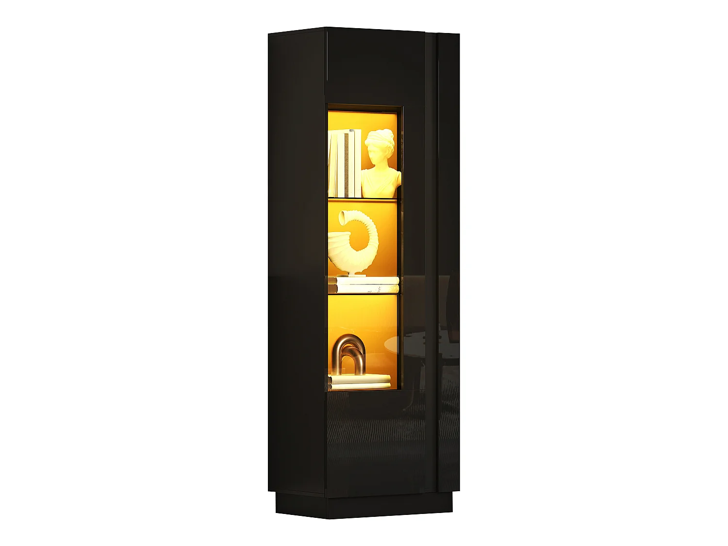 Vitrine em acrílico 60x40x180 cm - Com iluminação LED - Porta em acrílico e 3 prateleiras em vidro - Acabamento brilhante - Preto