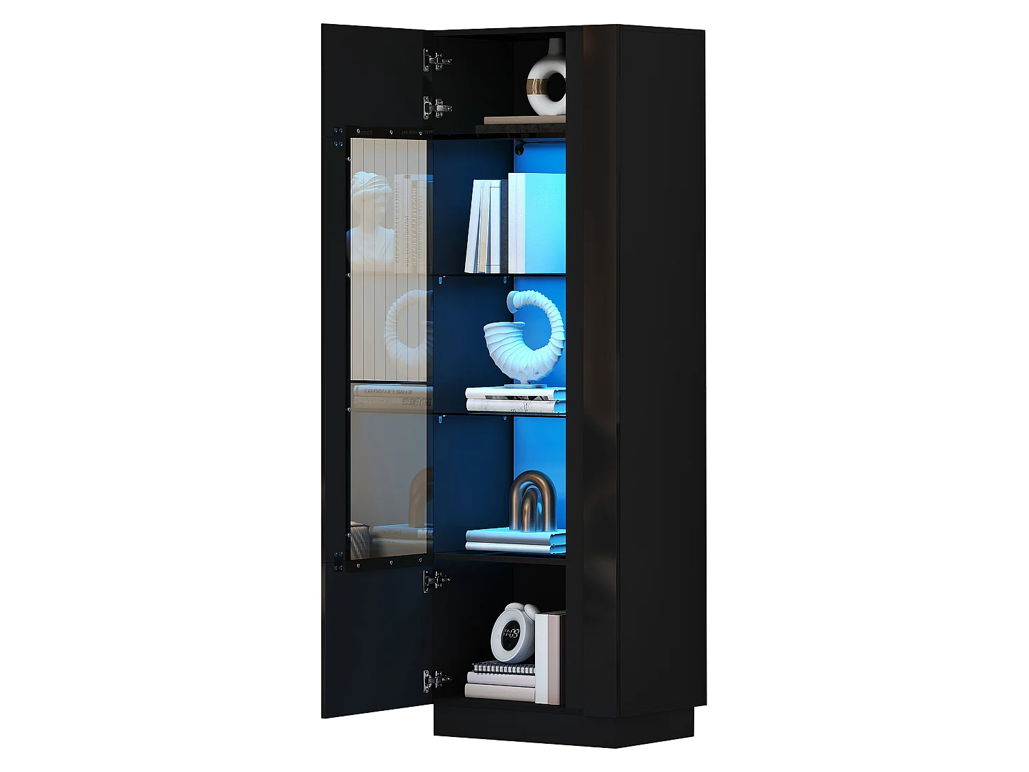 Vitrine em acrílico 60x40x180 cm - Com iluminação LED - Porta em acrílico e 3 prateleiras em vidro - Acabamento brilhante - Preto