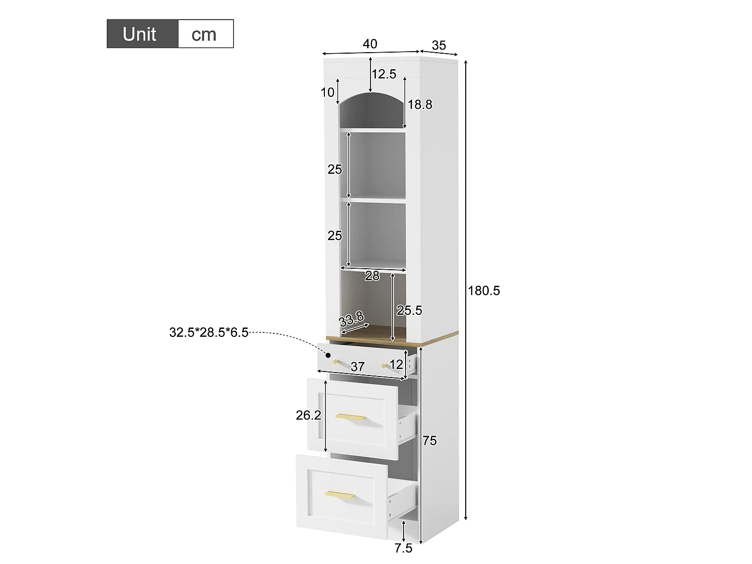 Vitrine 40x35x180.5cm - avec 3 tiroirs - avec éclairage LED - compartiments de rangement ouverts - Blanc