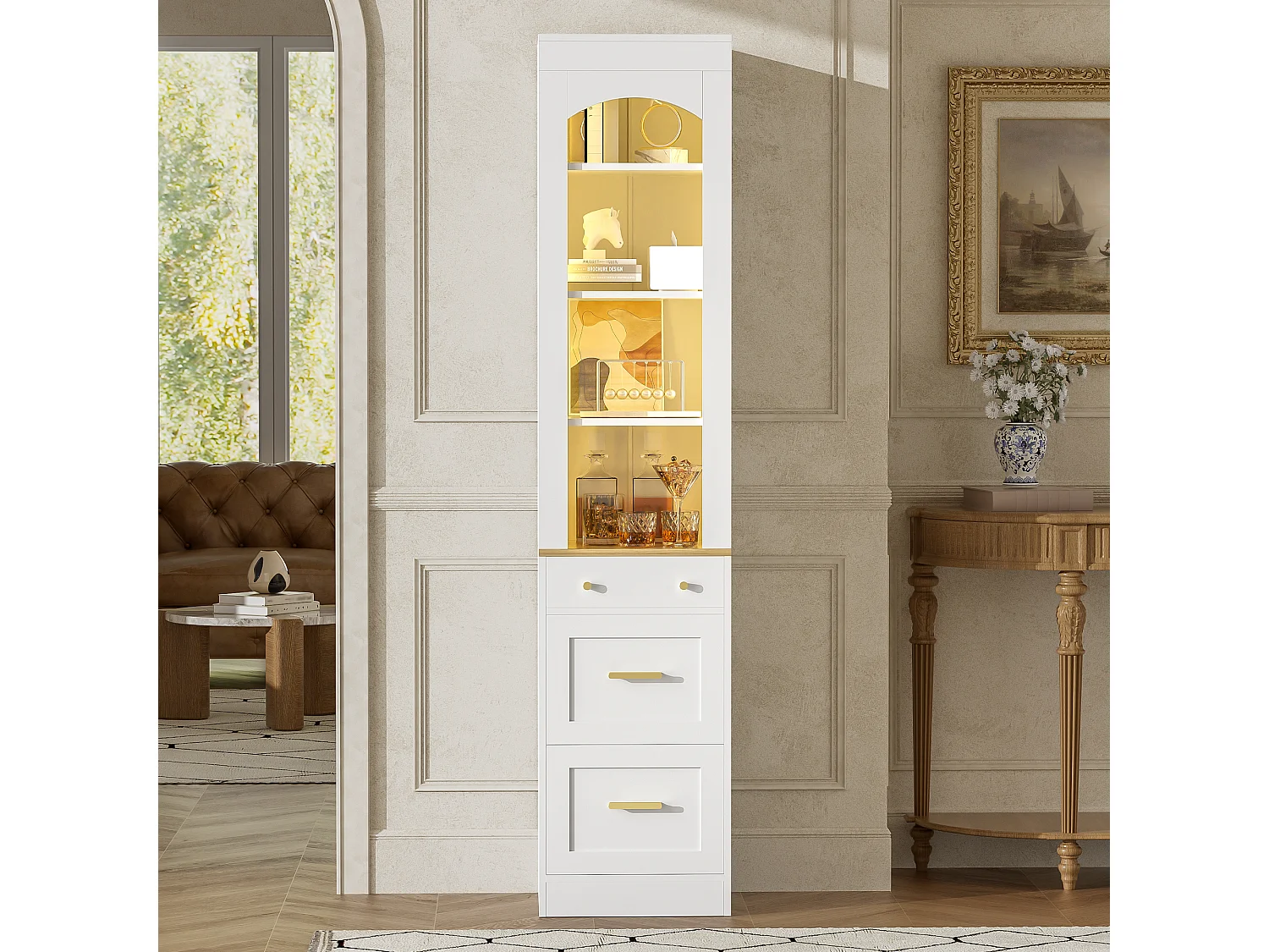 Vitrine 40x35x180.5cm - avec 3 tiroirs - avec éclairage LED - compartiments de rangement ouverts - Blanc