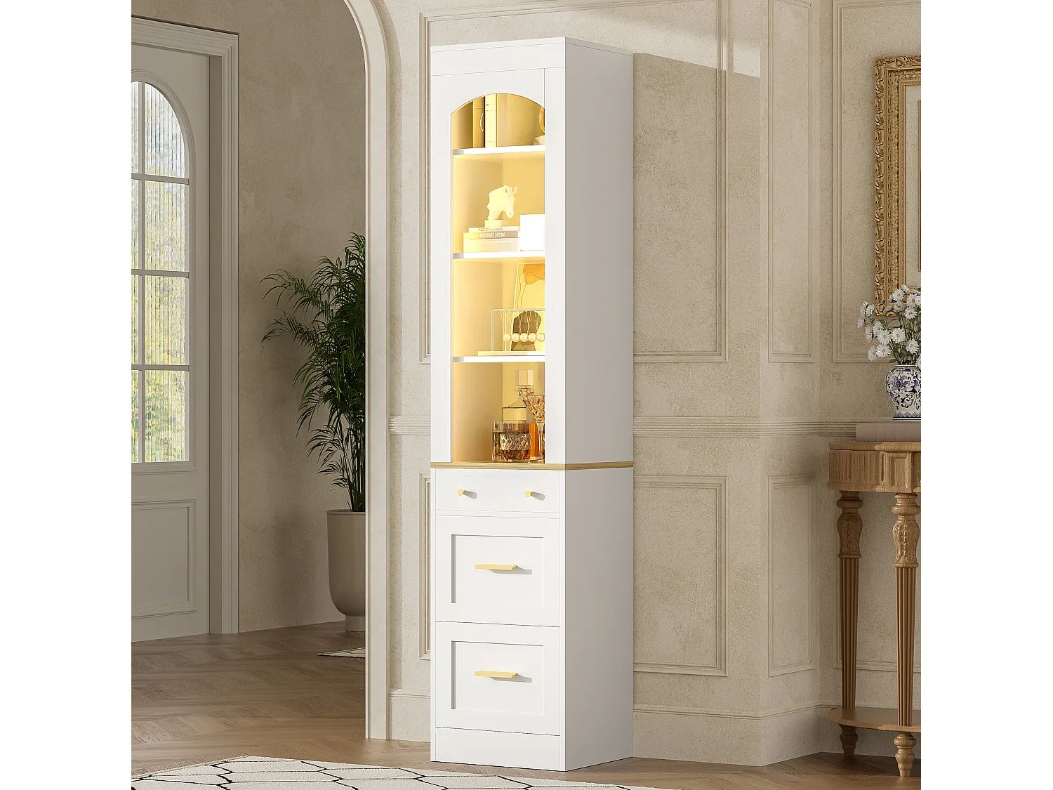 Vitrine 40x35x180.5cm - avec 3 tiroirs - avec éclairage LED - compartiments de rangement ouverts - Blanc