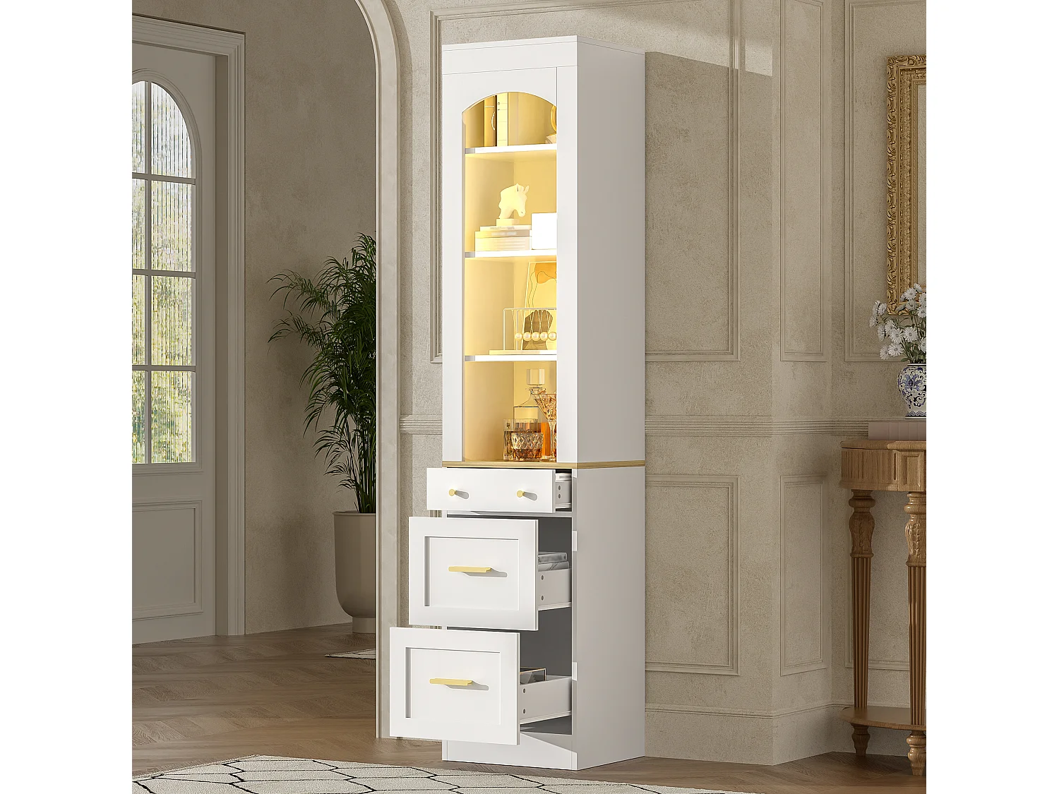 Vitrine 40x35x180.5cm - avec 3 tiroirs - avec éclairage LED - compartiments de rangement ouverts - Blanc