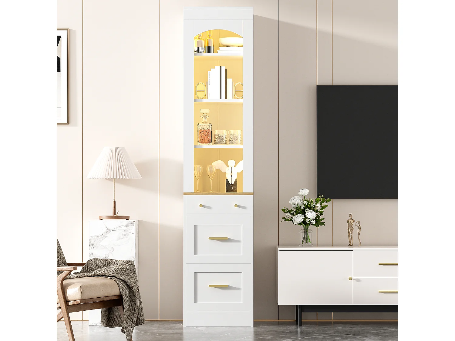 Vitrine 40x35x180.5cm - avec 3 tiroirs - avec éclairage LED - compartiments de rangement ouverts - Blanc