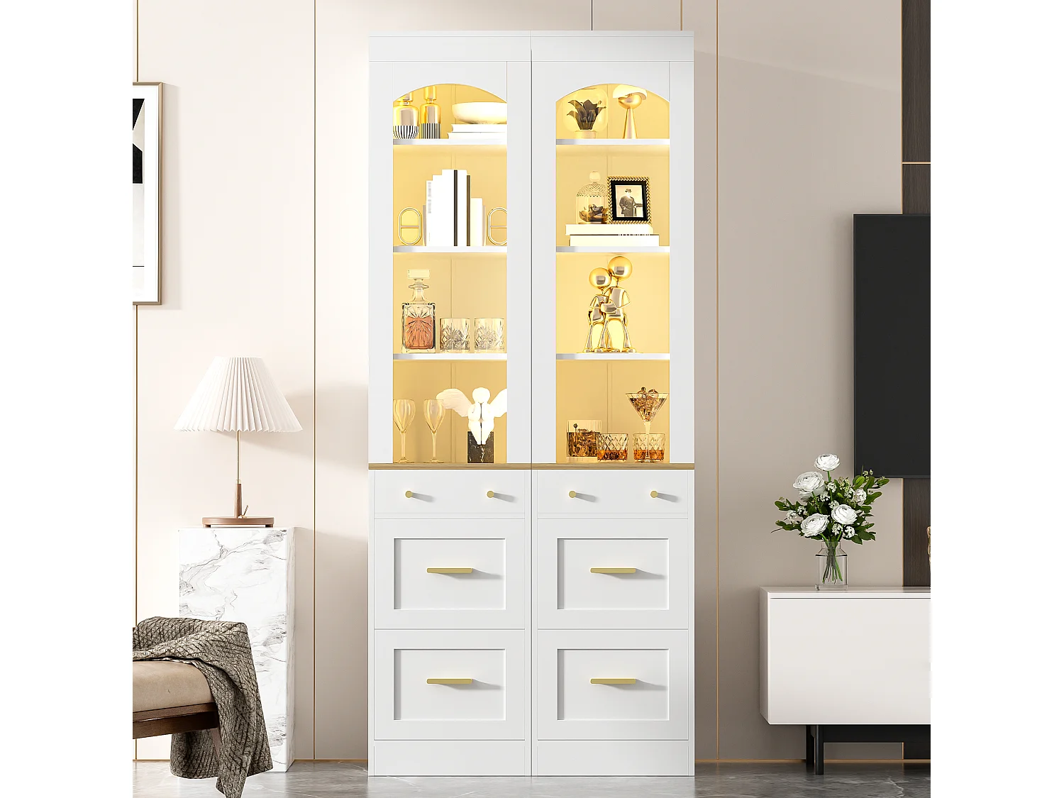 Vitrine 40x35x180.5cm - avec 3 tiroirs - avec éclairage LED - compartiments de rangement ouverts - Blanc