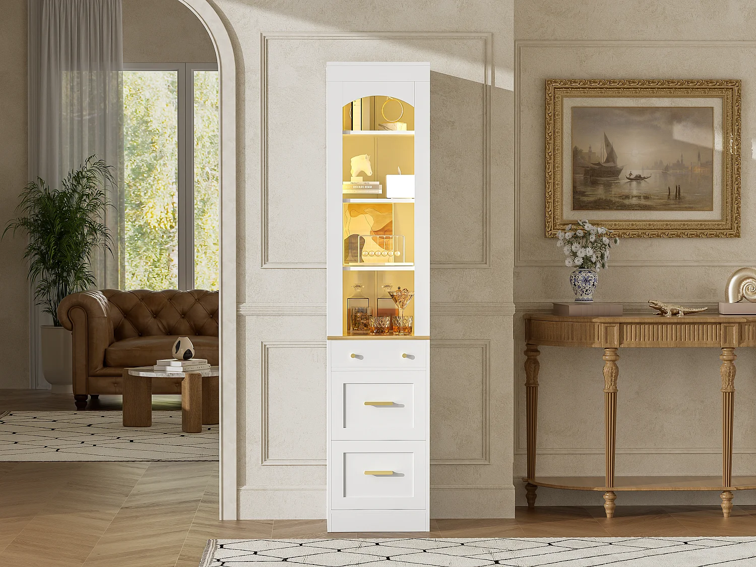 Vitrine 40x35x180.5cm - avec 3 tiroirs - avec éclairage LED - compartiments de rangement ouverts - Blanc