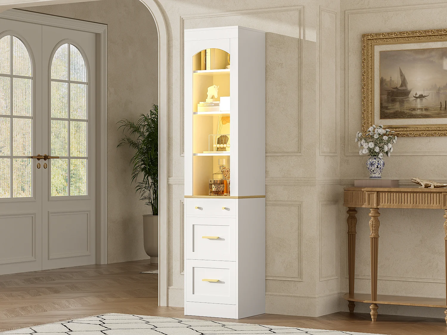 Vitrine 40x35x180.5cm - avec 3 tiroirs - avec éclairage LED - compartiments de rangement ouverts - Blanc