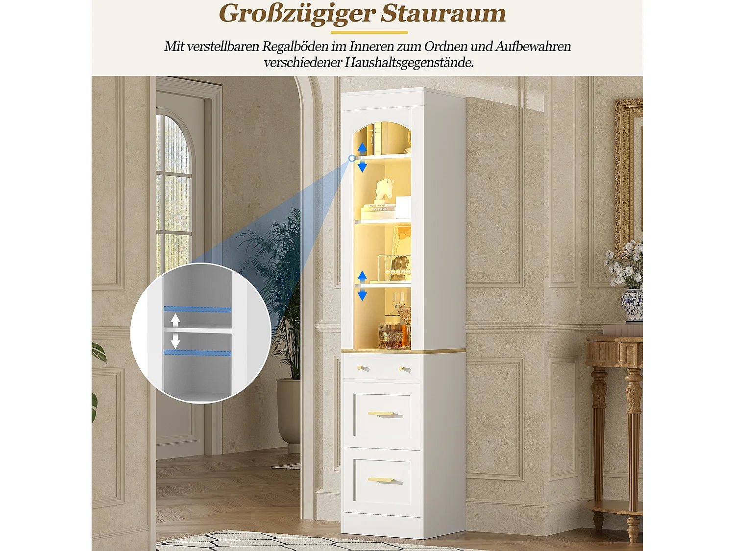 Vitrine 40x35x180.5cm - avec 3 tiroirs - avec éclairage LED - compartiments de rangement ouverts - Blanc