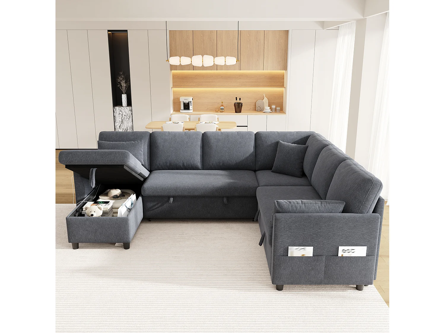Canapé d'angle en L ou en U – 6 places – avec coffre de rangement – ​​avec ports USB/Type-C – avec 3 coussins – gris