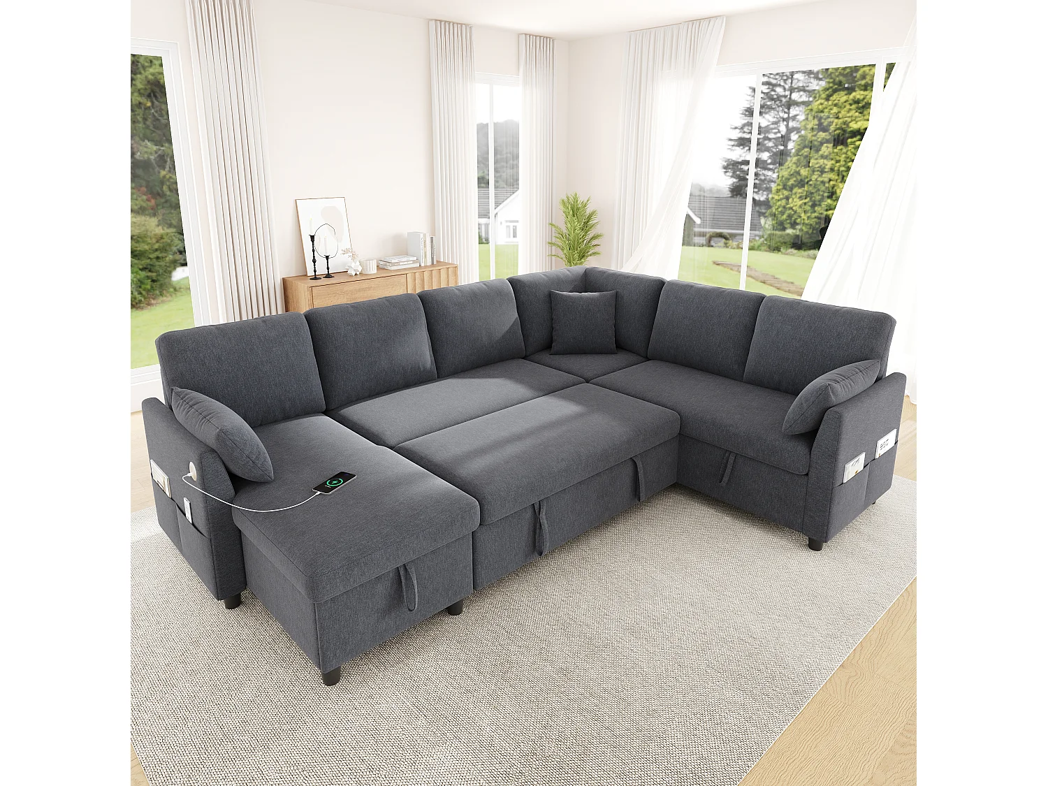 Canapé d'angle en L ou en U – 6 places – avec coffre de rangement – ​​avec ports USB/Type-C – avec 3 coussins – gris