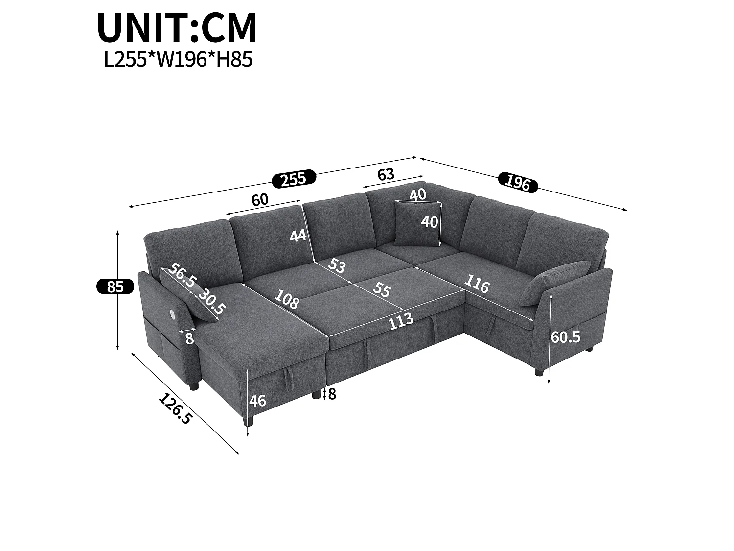 Canapé d'angle en L ou en U – 6 places – avec coffre de rangement – ​​avec ports USB/Type-C – avec 3 coussins – gris