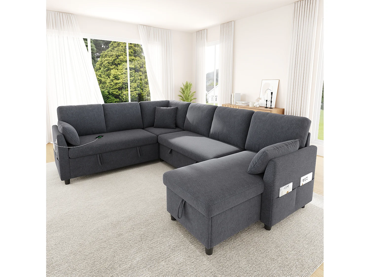 Canapé d'angle en L ou en U – 6 places – avec coffre de rangement – ​​avec ports USB/Type-C – avec 3 coussins – gris