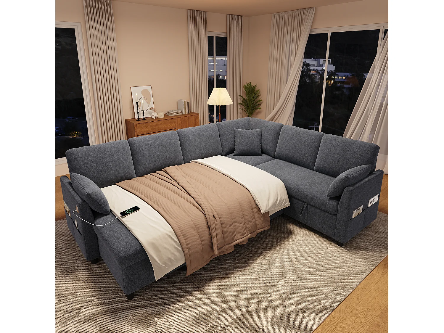 Canapé d'angle en L ou en U – 6 places – avec coffre de rangement – ​​avec ports USB/Type-C – avec 3 coussins – gris