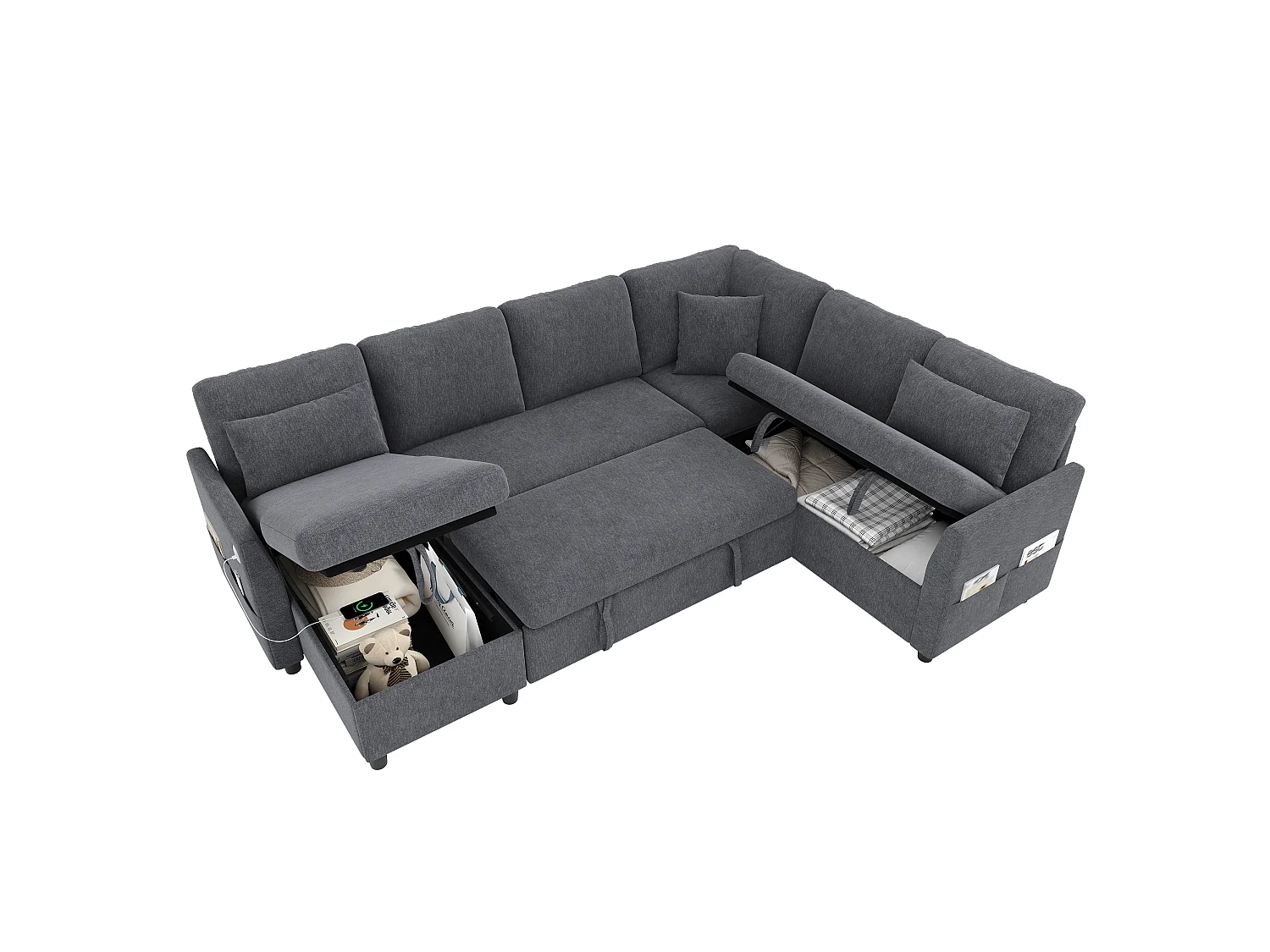 Canapé d'angle en L ou en U – 6 places – avec coffre de rangement – ​​avec ports USB/Type-C – avec 3 coussins – gris