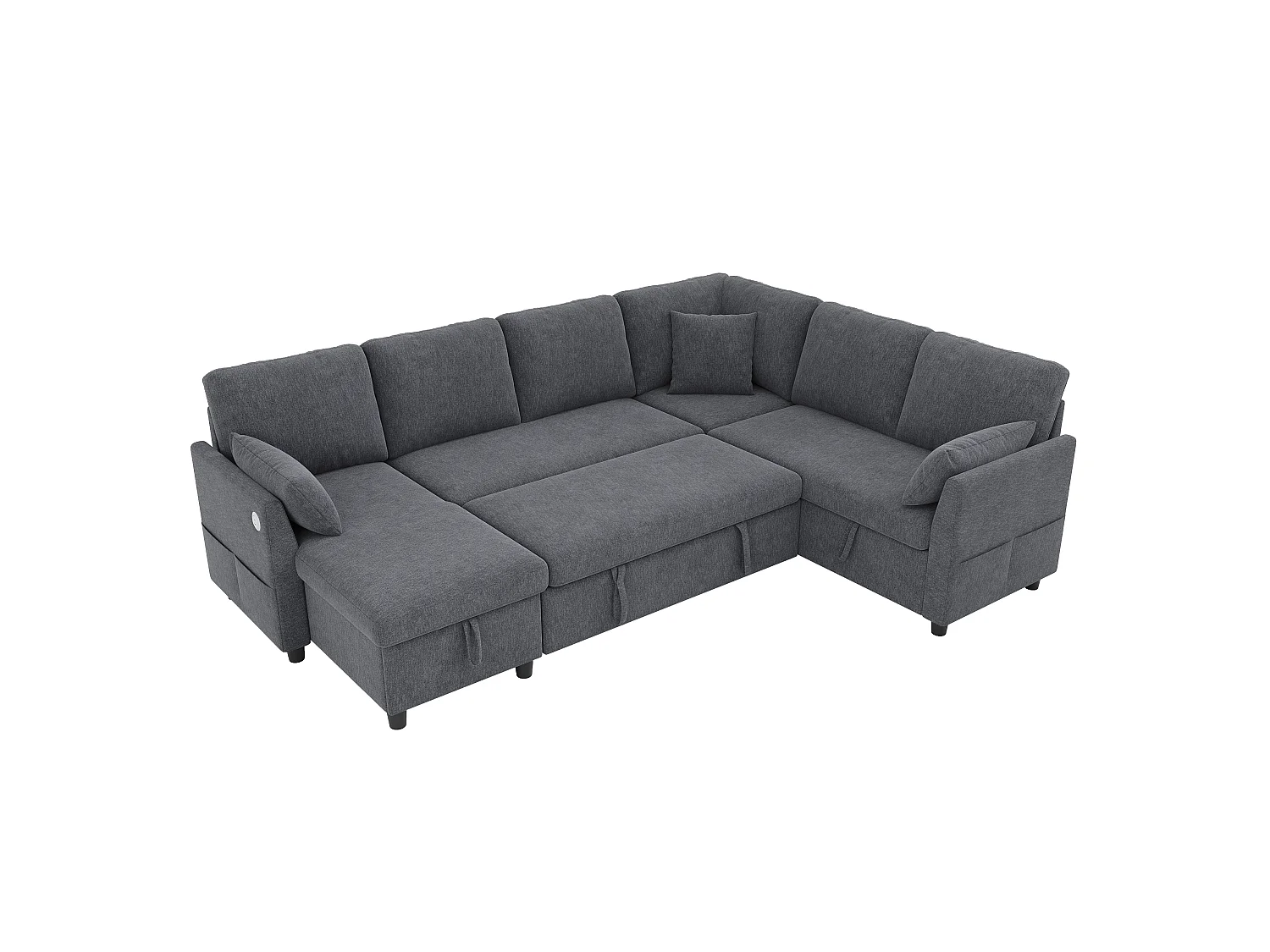 Canapé d'angle en L ou en U – 6 places – avec coffre de rangement – ​​avec ports USB/Type-C – avec 3 coussins – gris