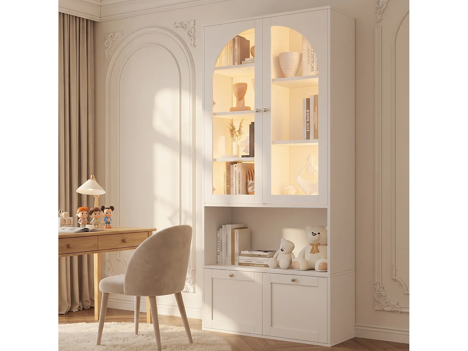 Vitrine / bibliothèque en verre avec bandeau LED - 2 portes vitrées cintrées et 2 tiroirs - MDF - 80 x 35 x 180 cm - Blanc