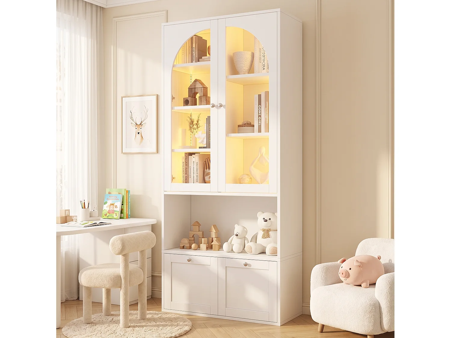 Vitrine / bibliothèque en verre avec bandeau LED - 2 portes vitrées cintrées et 2 tiroirs - MDF - 80 x 35 x 180 cm - Blanc