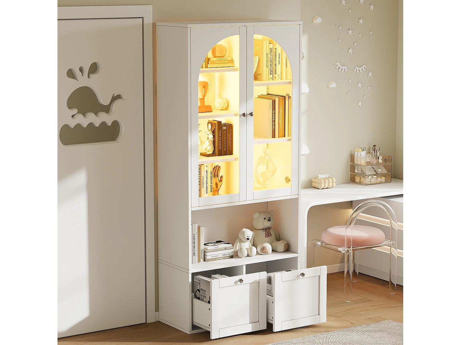 Vitrine / bibliothèque en verre avec bandeau LED - 2 portes vitrées cintrées et 2 tiroirs - MDF - 80 x 35 x 180 cm - Blanc