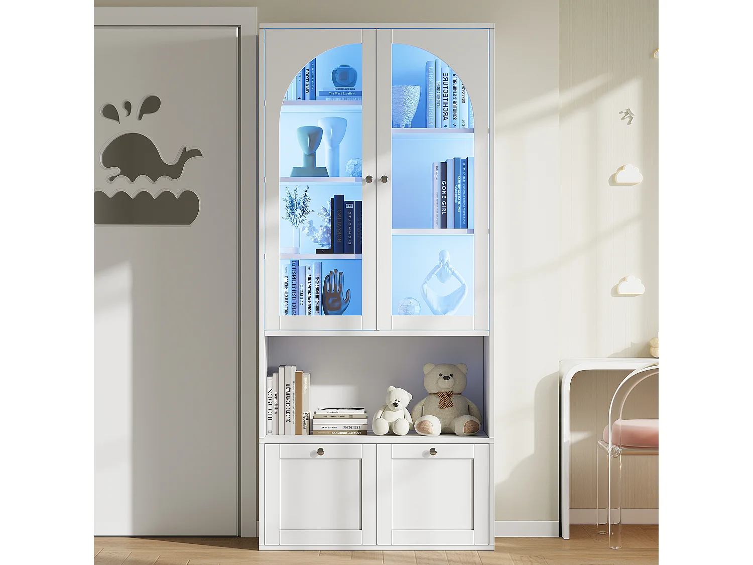 Vitrine / bibliothèque en verre avec bandeau LED - 2 portes vitrées cintrées et 2 tiroirs - MDF - 80 x 35 x 180 cm - Blanc