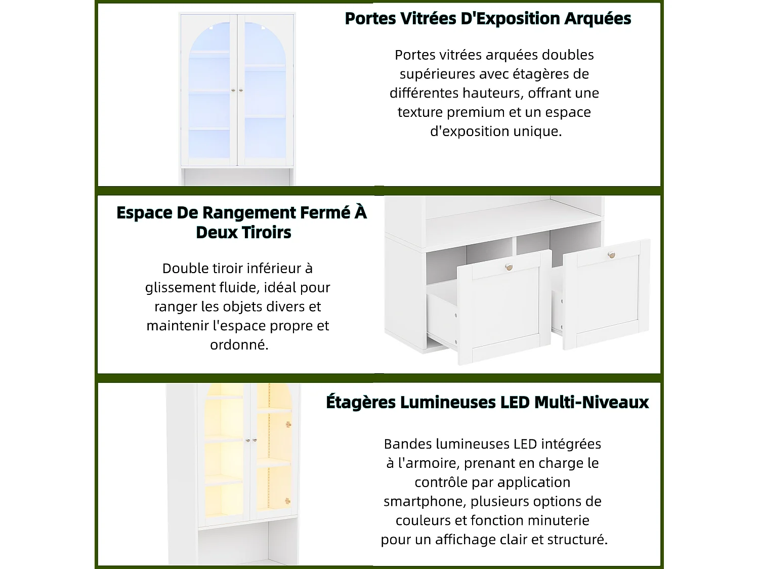 Vitrine / bibliothèque en verre avec bandeau LED - 2 portes vitrées cintrées et 2 tiroirs - MDF - 80 x 35 x 180 cm - Blanc