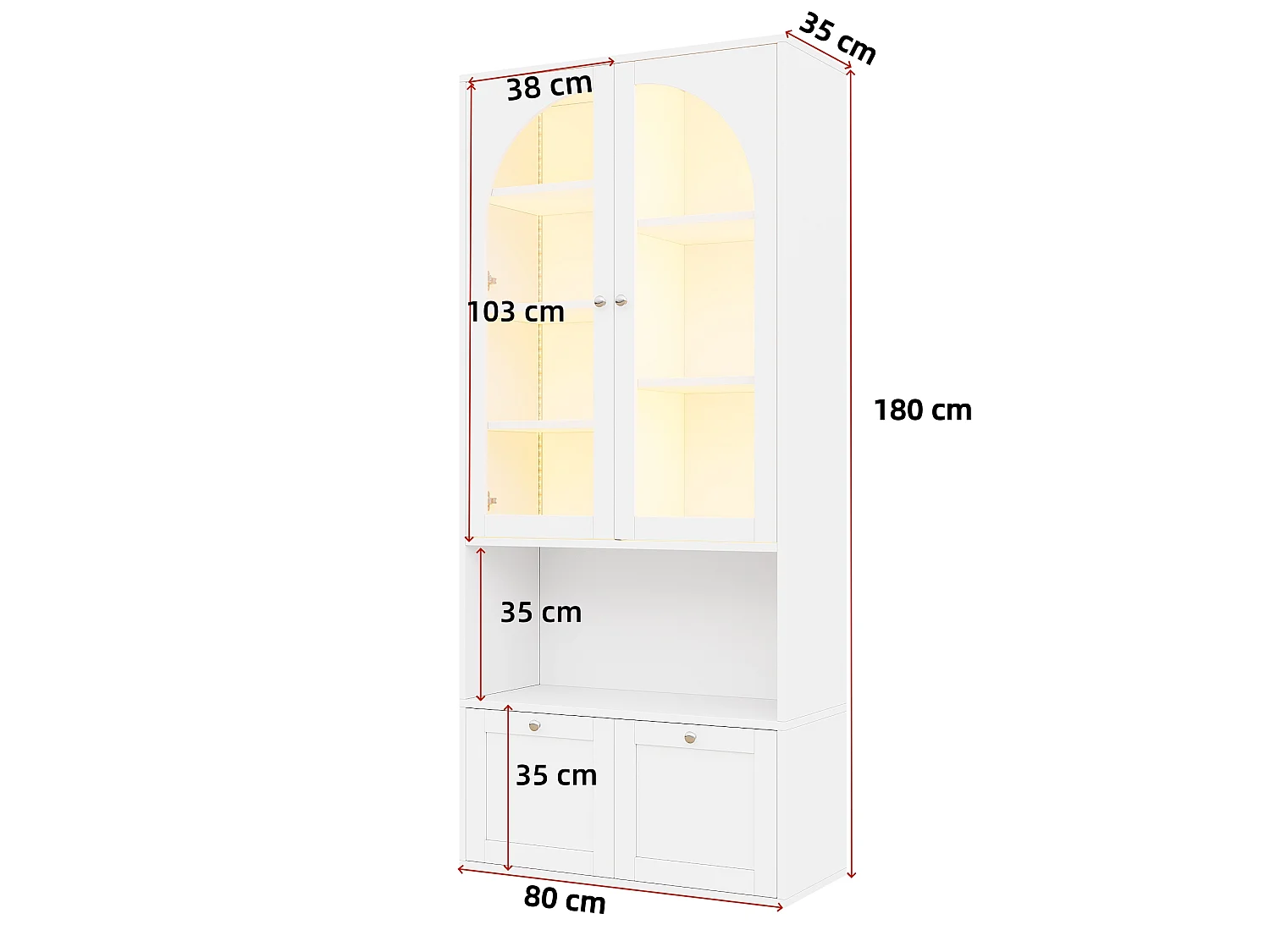 Vitrine / bibliothèque en verre avec bandeau LED - 2 portes vitrées cintrées et 2 tiroirs - MDF - 80 x 35 x 180 cm - Blanc