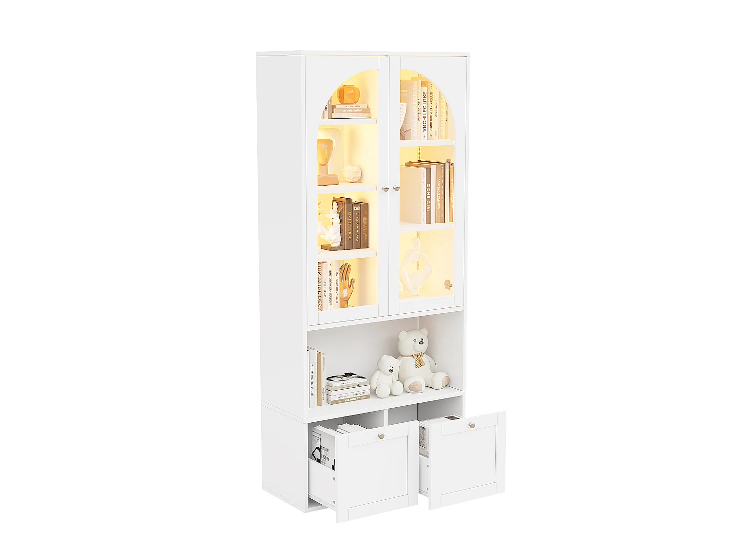 Vitrine / bibliothèque en verre avec bandeau LED - 2 portes vitrées cintrées et 2 tiroirs - MDF - 80 x 35 x 180 cm - Blanc