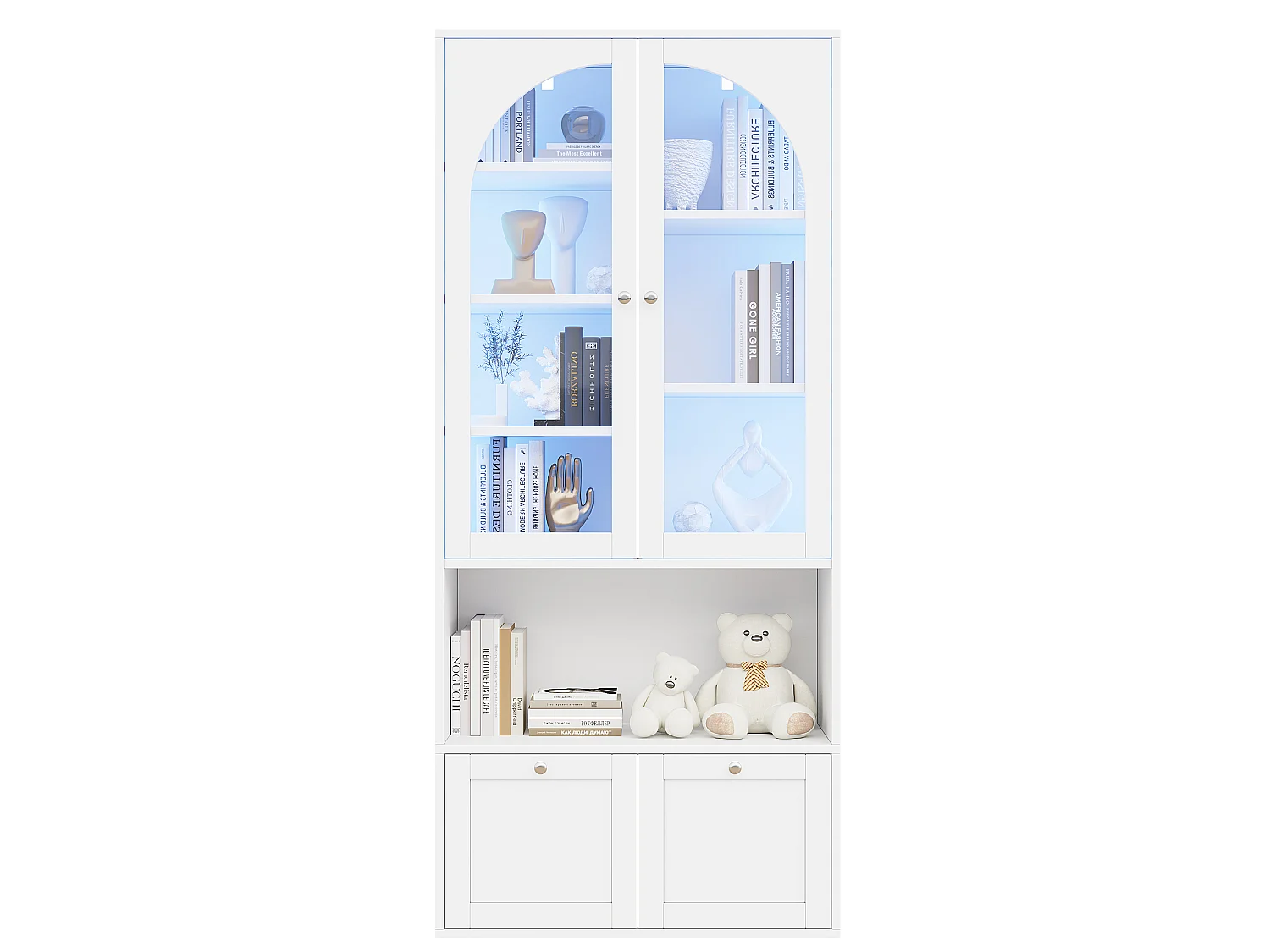 Vitrine / bibliothèque en verre avec bandeau LED - 2 portes vitrées cintrées et 2 tiroirs - MDF - 80 x 35 x 180 cm - Blanc