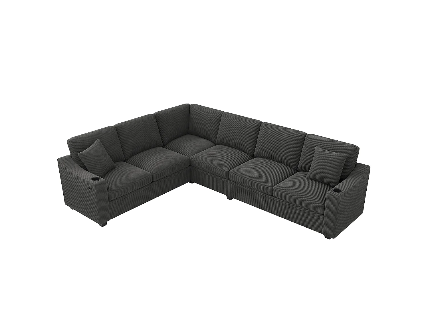 Canapé d'angle en L – 6 places – Avec ports de charge rapide USB/Type-C – Inclut 2 porte-gobelets et 2 coussins – gris
