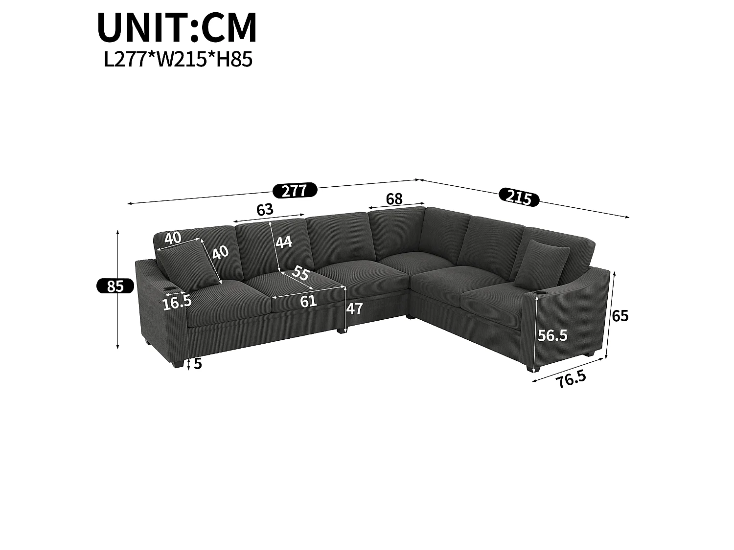 Canapé d'angle en L – 6 places – Avec ports de charge rapide USB/Type-C – Inclut 2 porte-gobelets et 2 coussins – gris