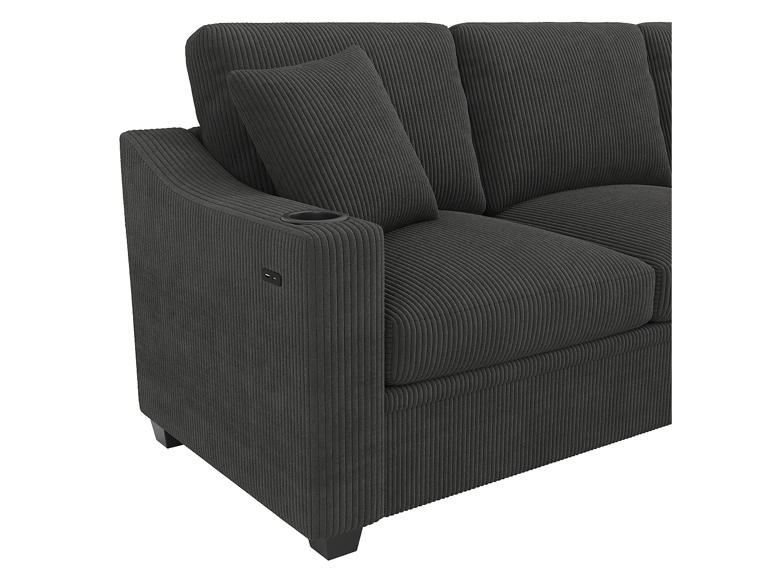 Canapé d'angle en L – 6 places – Avec ports de charge rapide USB/Type-C – Inclut 2 porte-gobelets et 2 coussins – gris