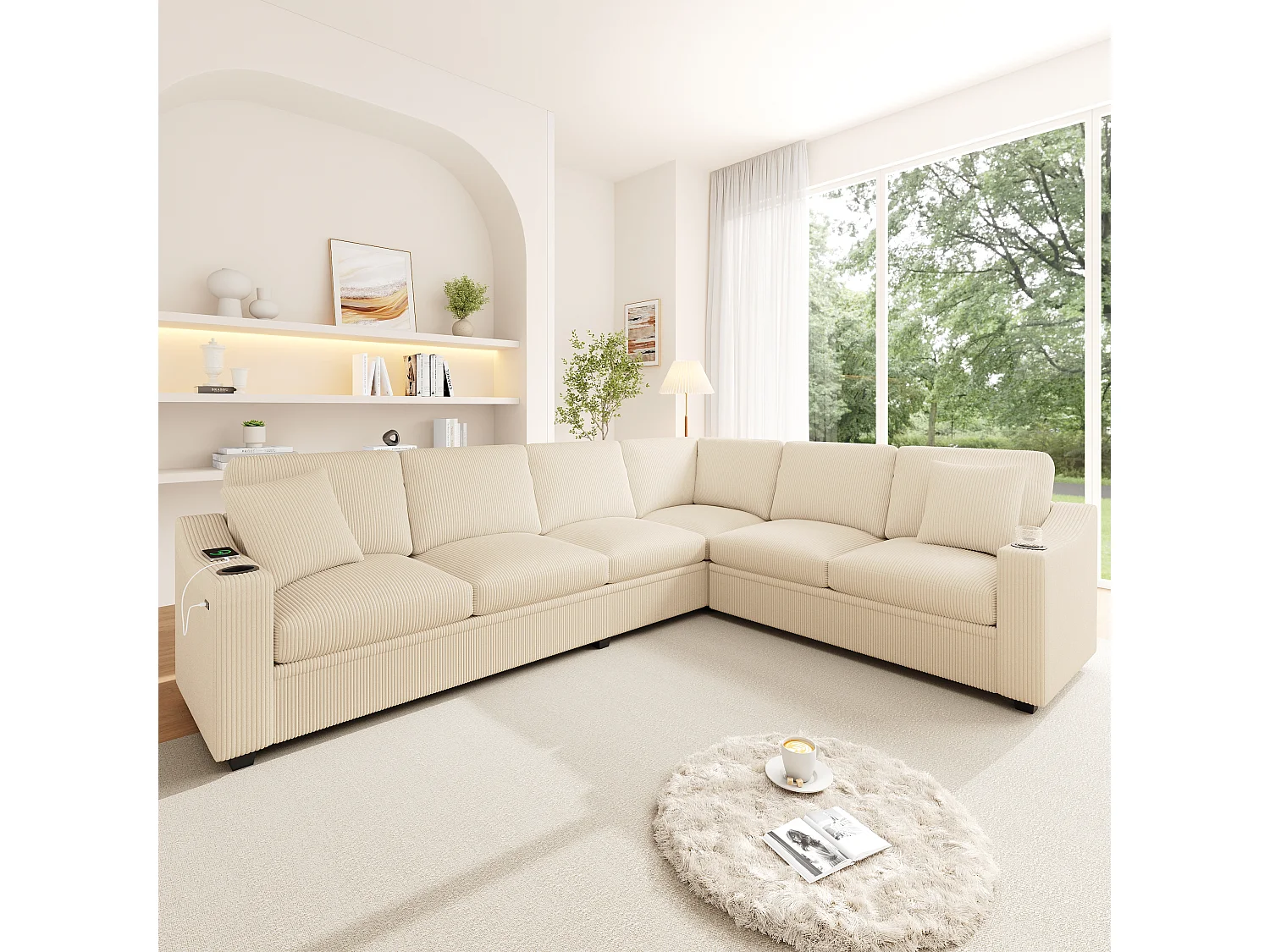 Canapé d'angle en L – 6 places – Avec ports de charge rapide USB/Type-C – Inclut 2 porte-gobelets et 2 coussins – Beige