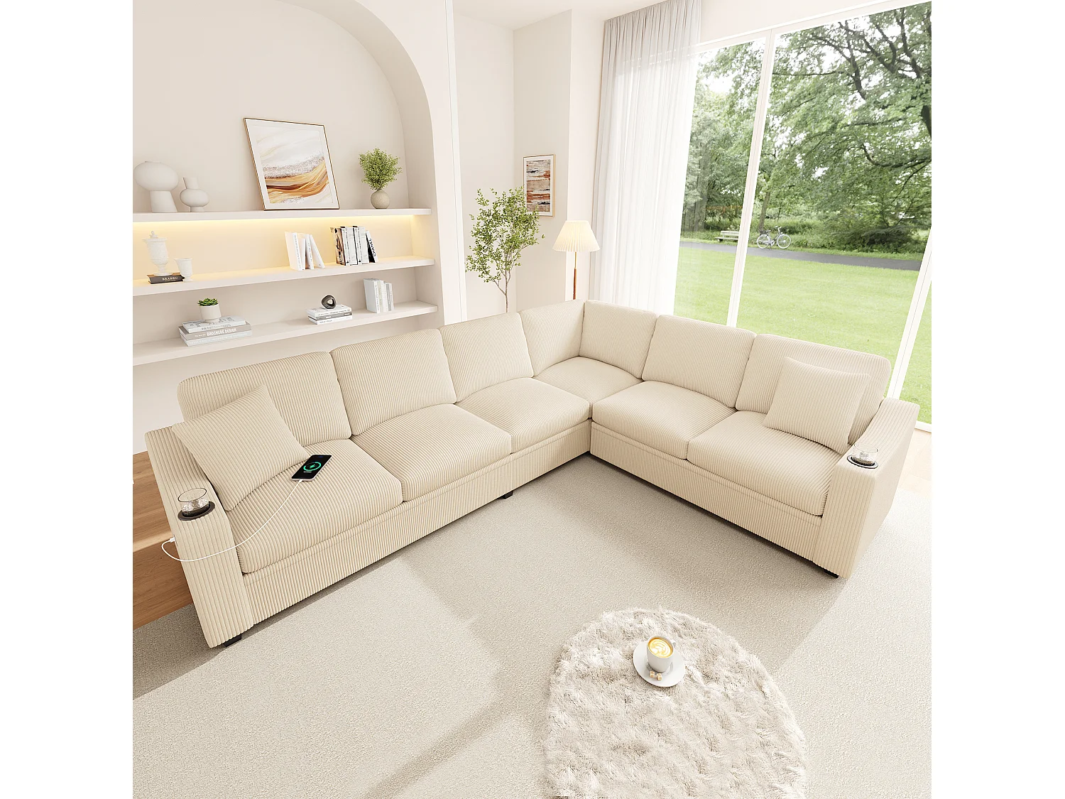 Canapé d'angle en L – 6 places – Avec ports de charge rapide USB/Type-C – Inclut 2 porte-gobelets et 2 coussins – Beige