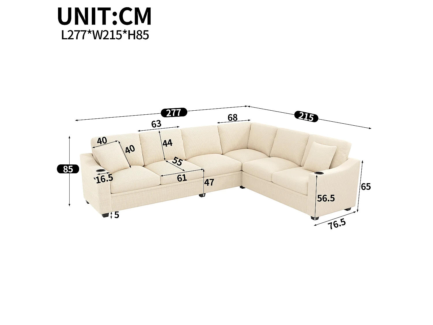 Canapé d'angle en L – 6 places – Avec ports de charge rapide USB/Type-C – Inclut 2 porte-gobelets et 2 coussins – Beige