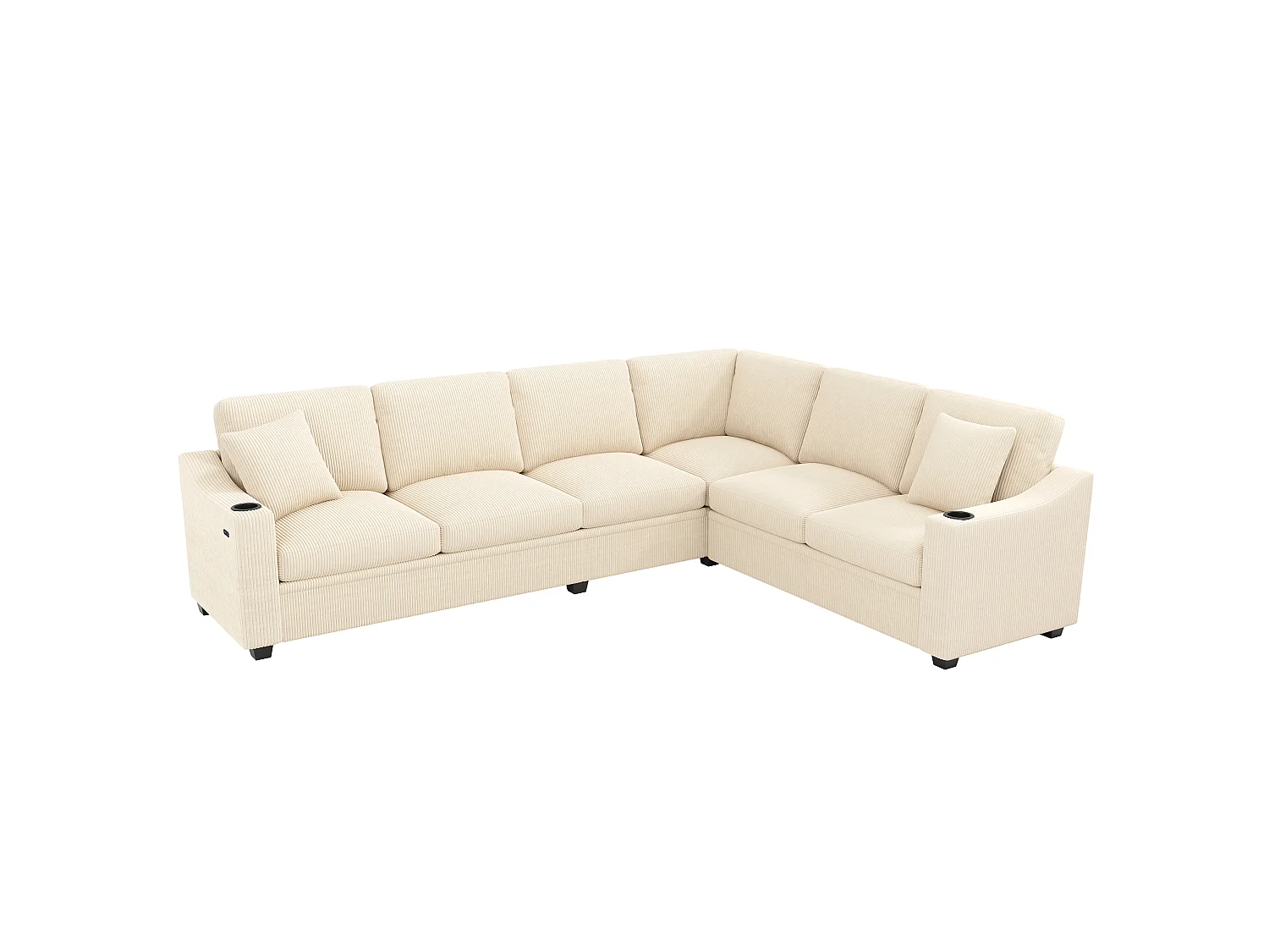 Canapé d'angle en L – 6 places – Avec ports de charge rapide USB/Type-C – Inclut 2 porte-gobelets et 2 coussins – Beige